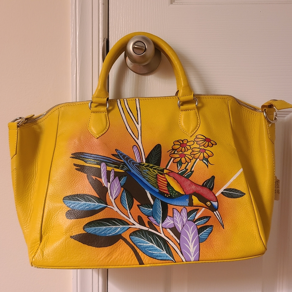 SUKRITI Yellow Humming Bird Pattern Genuine Leather Satchel Bag